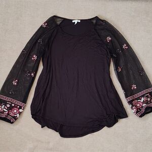 Plus Size XXL Boho Sheer Bubble Sleeve Embroidered Flowers Romantic Goth Top